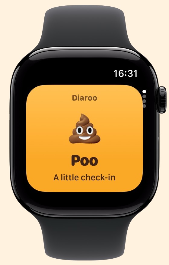 Diaroo home on Apple Watch, with sample data and official product artwork.