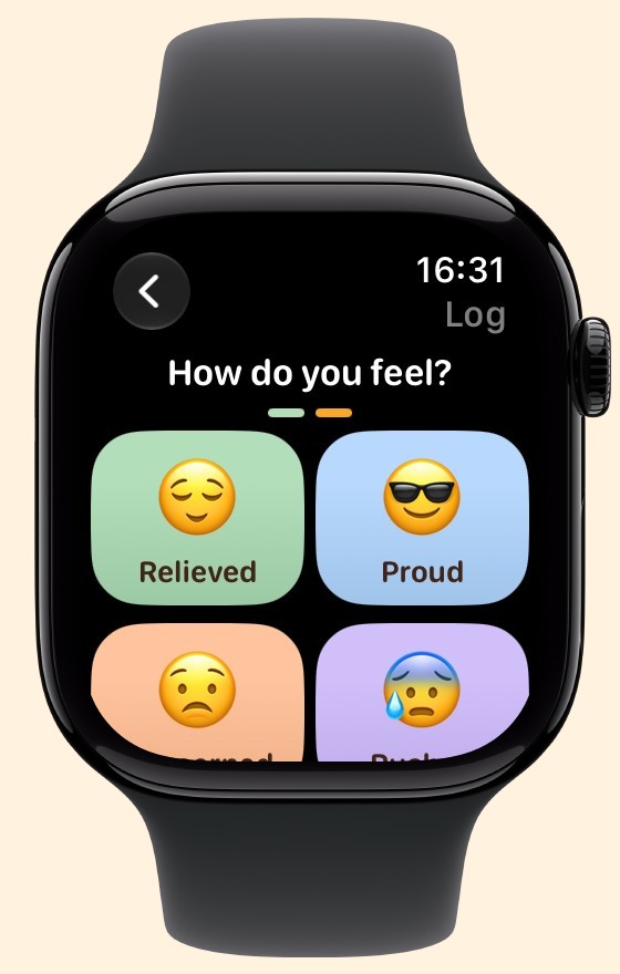 Diaroo mood on Apple Watch, with sample data and official product artwork.