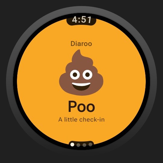 Diaroo home on Wear OS, with sample data and official product artwork.
