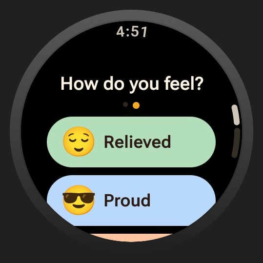 Diaroo mood on Wear OS, with sample data and official product artwork.