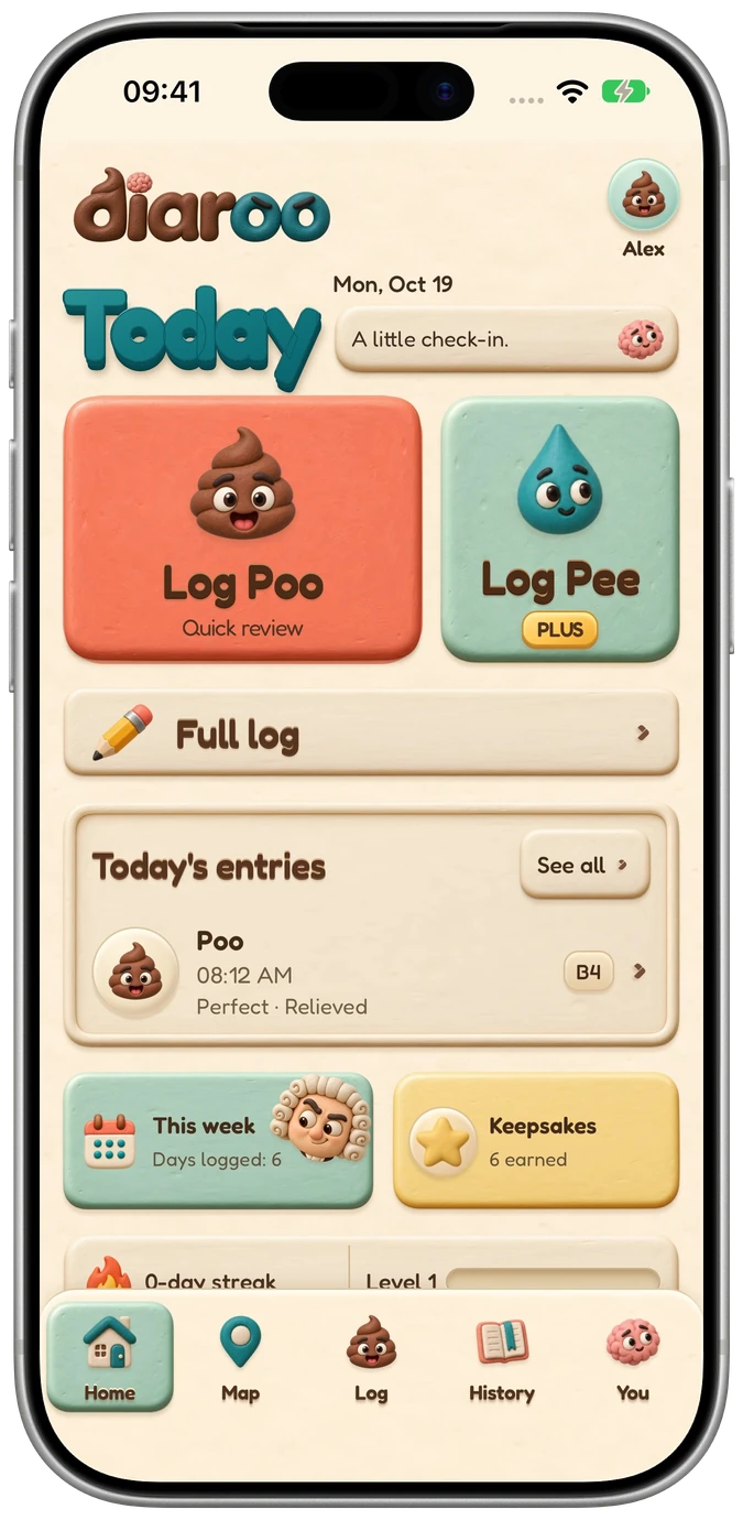 Diaroo 2.0 Home in the free Clay theme, with sample journal data.
