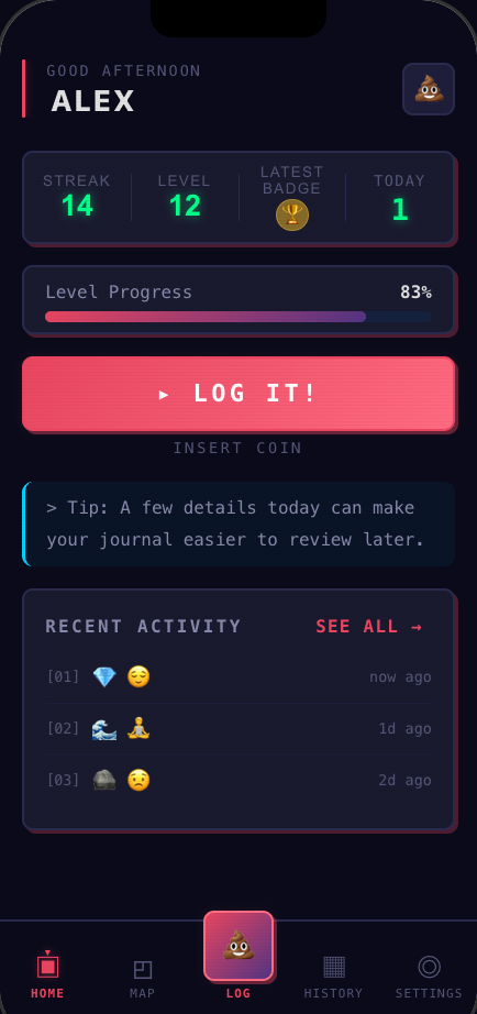 Diaroo’s Retro theme, showing the same journal in a dark arcade-inspired style.