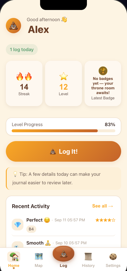 Diaroo’s Warm theme, showing sample journal entries, logging streaks, and the Log It button.
