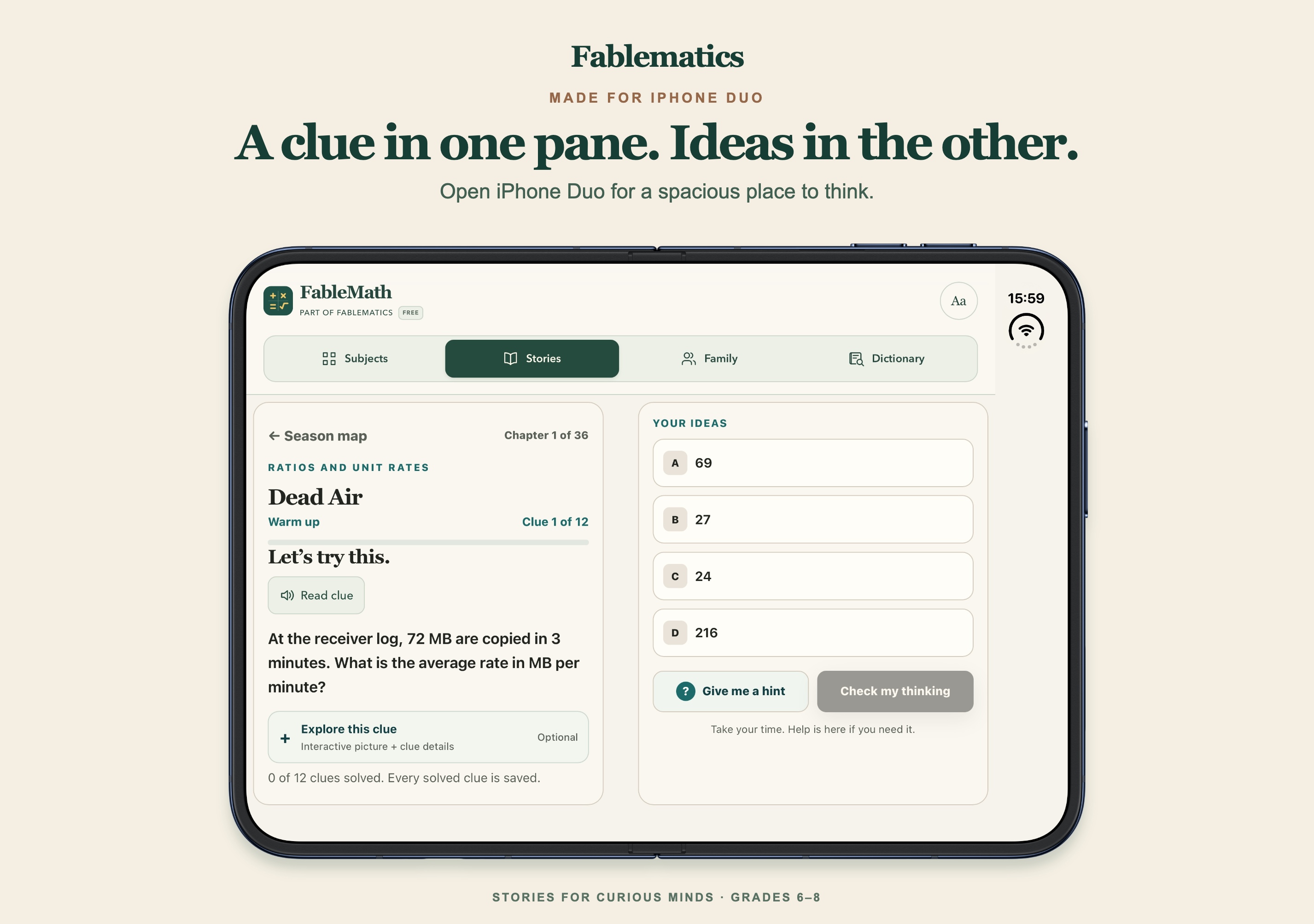 A Fablematics clue beside answer choices on a fully opened landscape iPhone Duo, with an official Apple device frame.