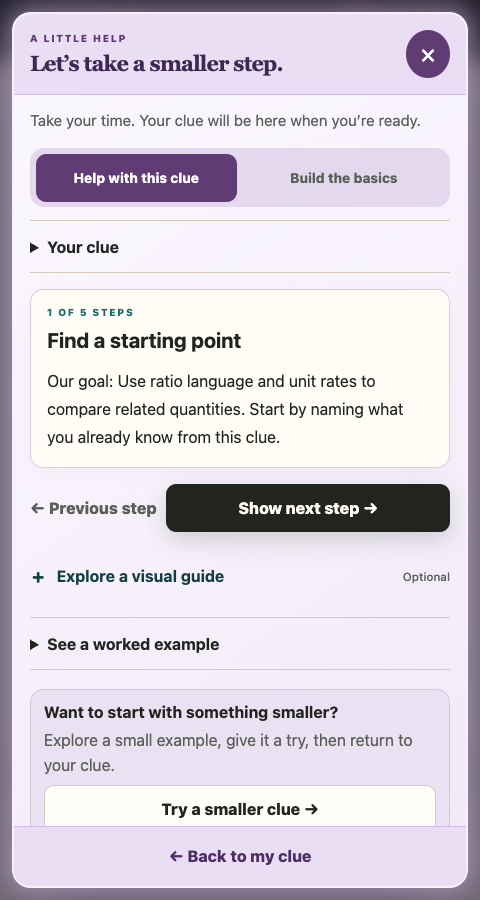 Open the full help screenshot: optional small-step help beside the current clue.