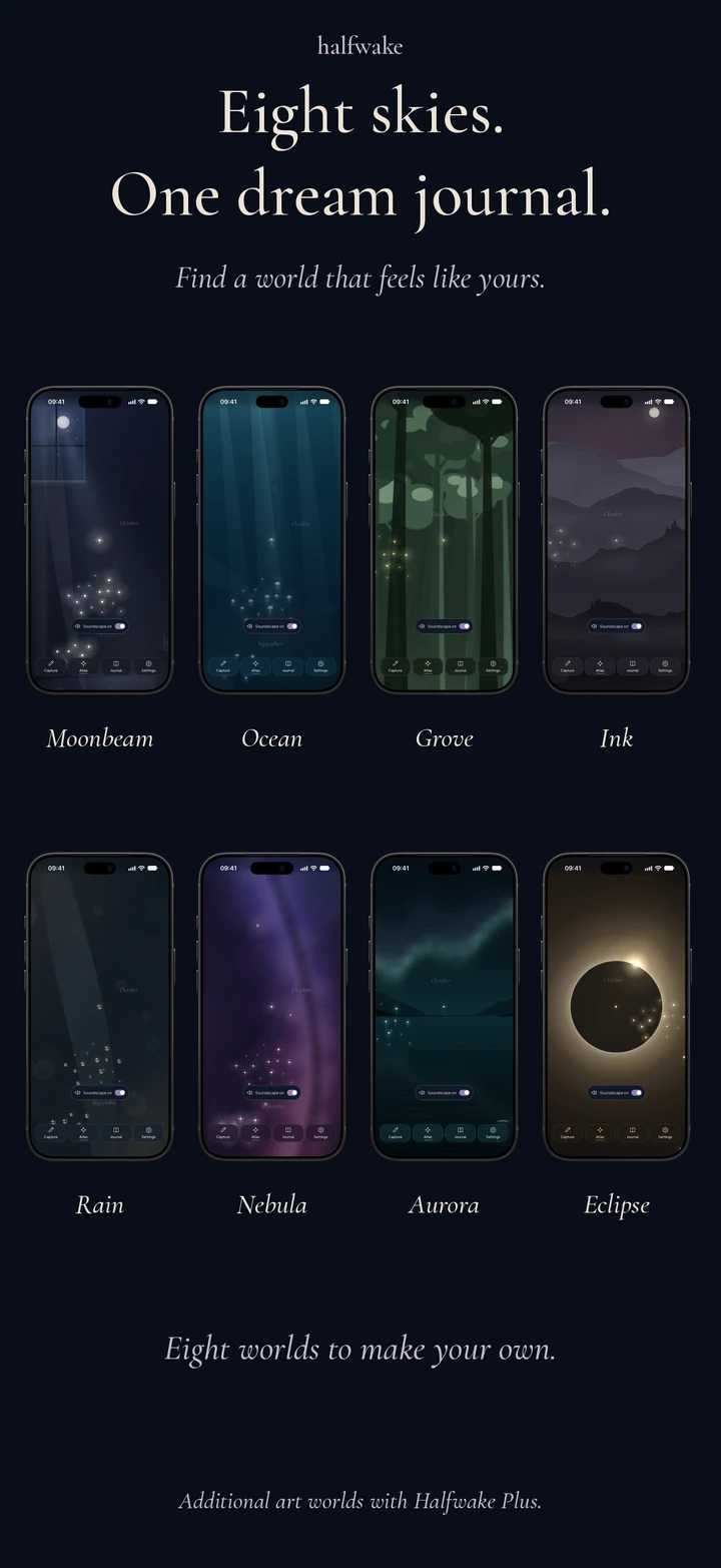 Eight actual Atlas skies, shown with official Apple iPhone frames on a plain dark background.