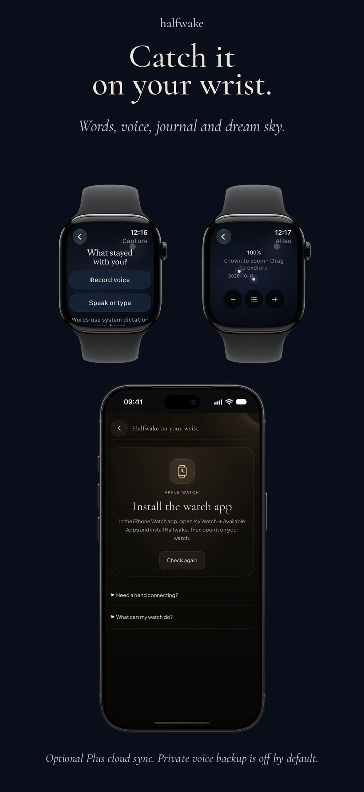 Native Apple Watch capture and dream Atlas with official Apple Watch frames.