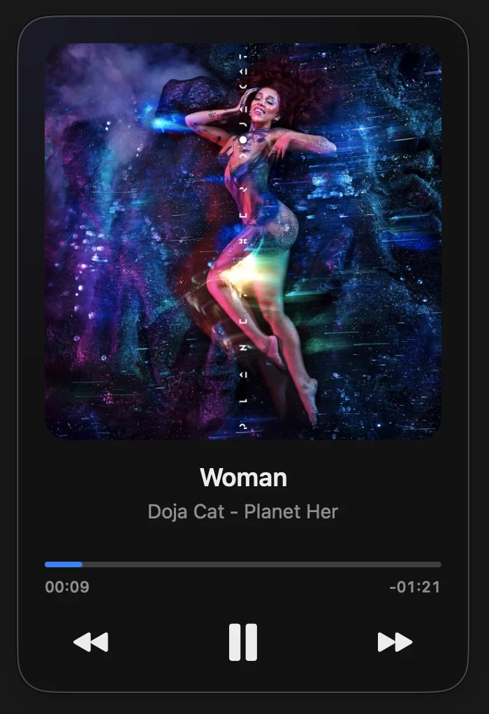 NowPlayingWidget in Full size, showing large album artwork, the song Woman, and playback controls.