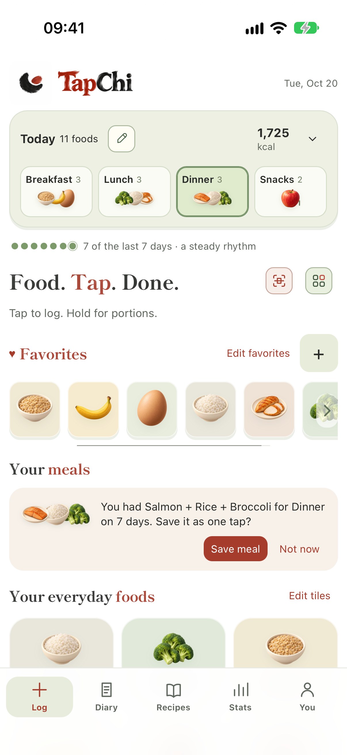 TapChi food logging screen with Original illustrations, chosen portions and a sample daily calorie summary.