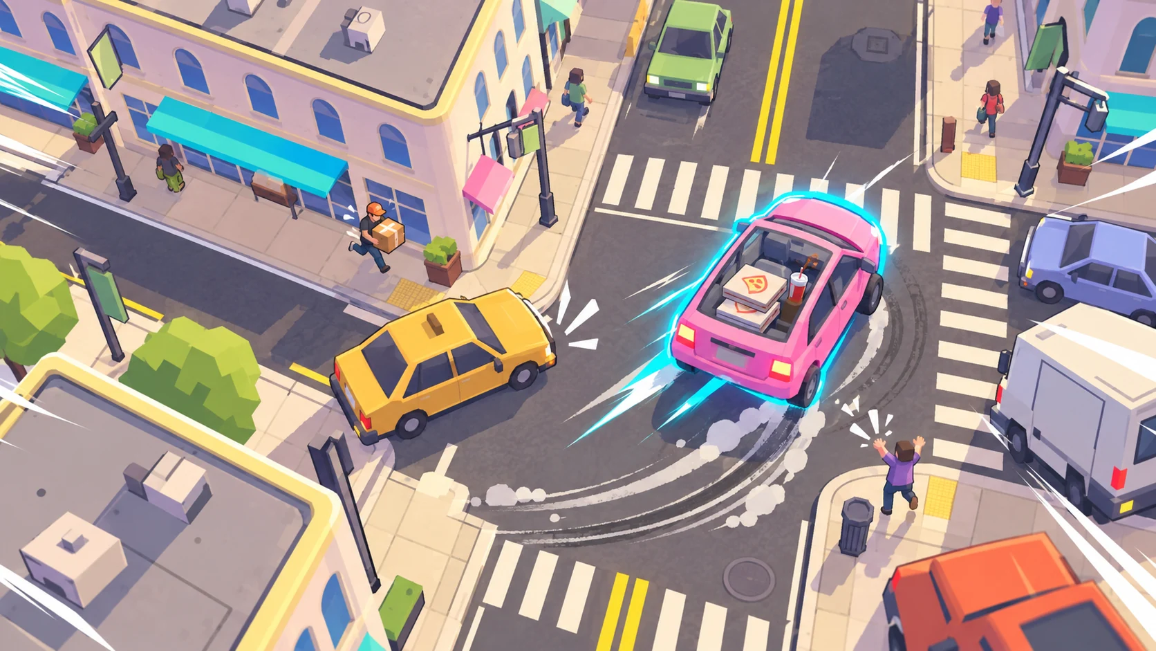 Curbwild promotional artwork: a pink car takes a chaotic city corner.