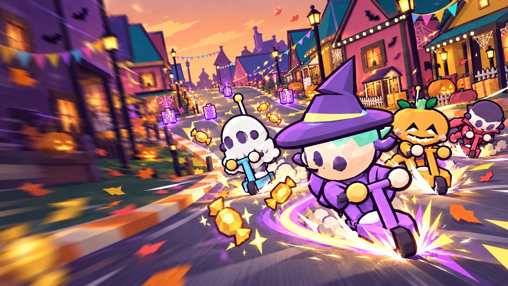 Festblock promotional artwork: costumed racers turn down a pumpkin-lit street.